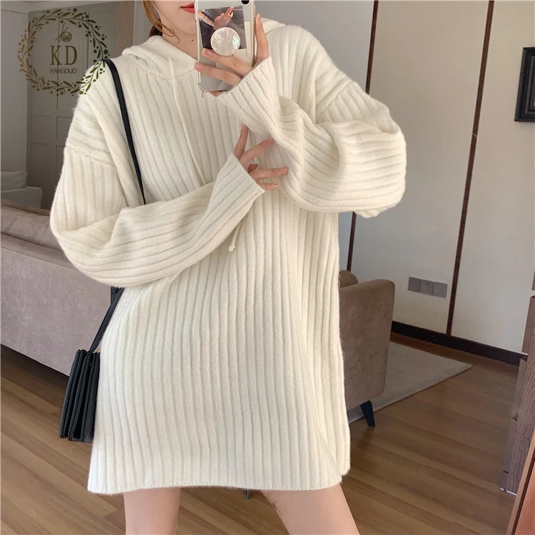 KD Knitwear Manufacturer Custom Loose Korean Style Casual Women Knit Hooded Ribbed Sweater Dress