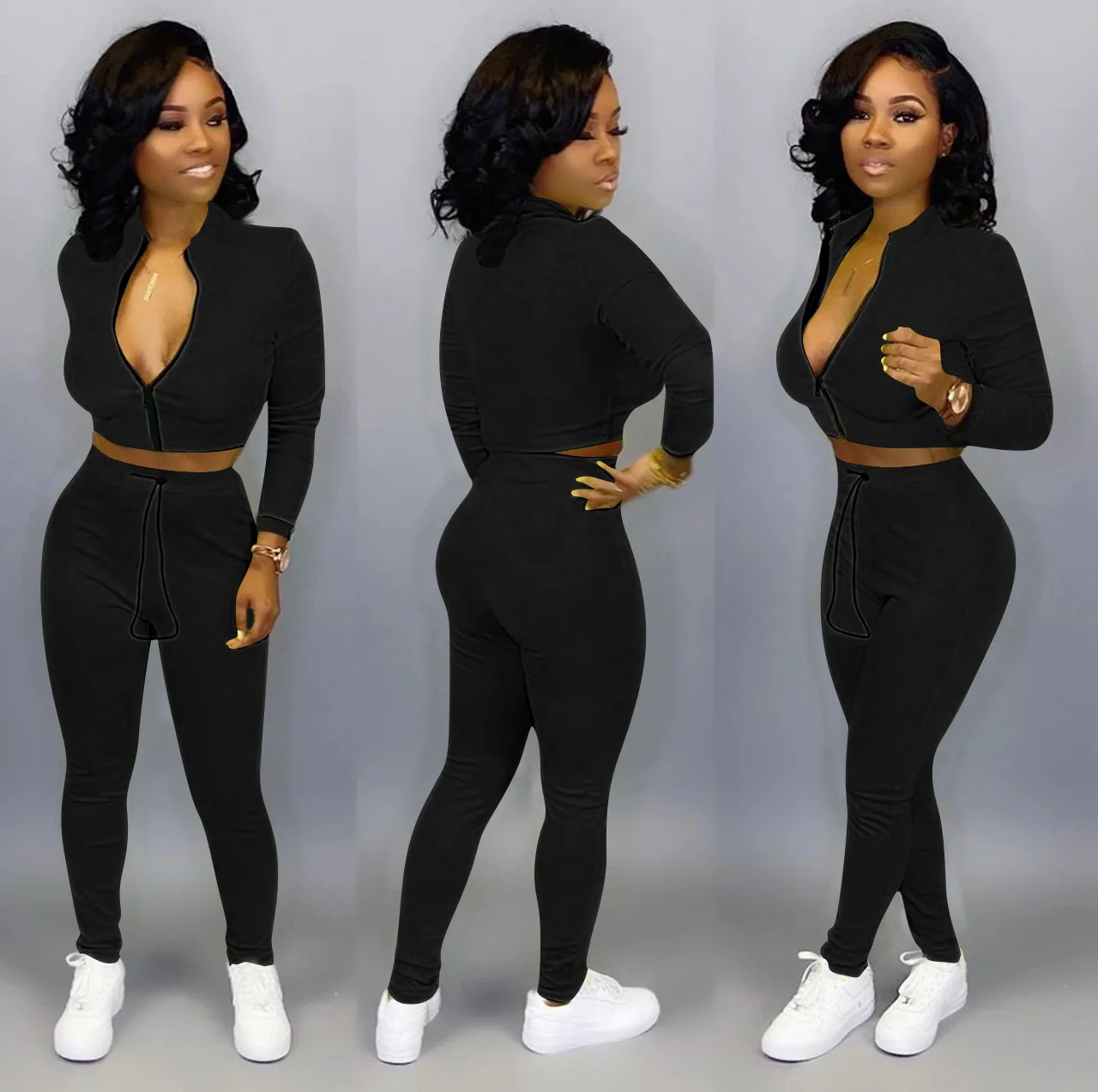 
Wefans 2020 Two Piece Set women Clothing Solid color V neck Long Sleeve Zipper Fashion Skinny Pant Sports tracksuit 