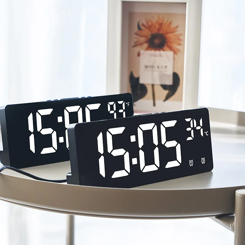 Bedroom Office Desktop Digital Alarm Clock Adjustable Brightness Voice Control Display Time Calendar Temperature Table Clock