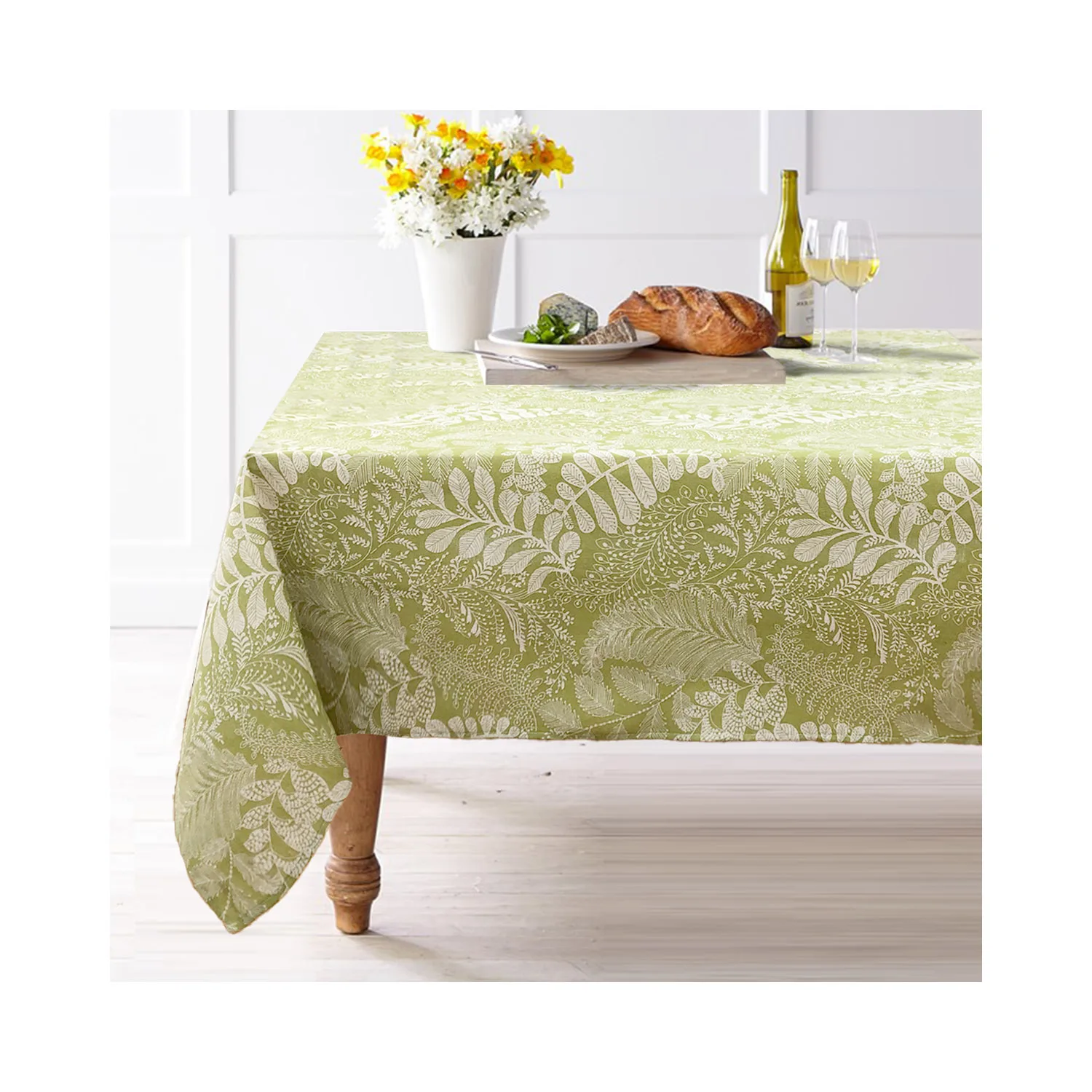 Good Quality Polyester Cotton Beautiful Flower Pattern Printed Grass Green Color Embroidery Table Cloth For Wedding Decorations
