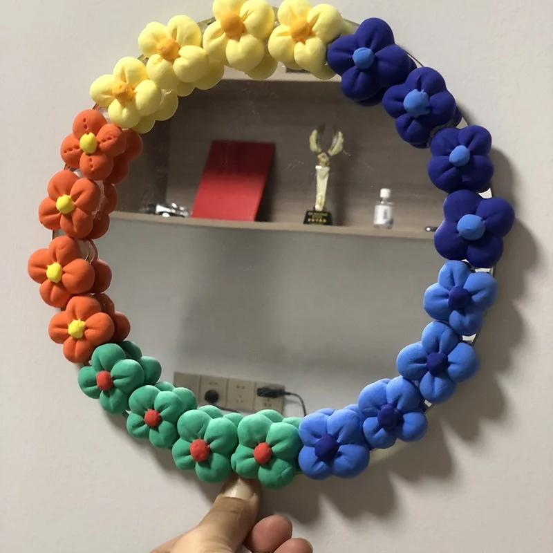 New design Home Wall Decor polyester clay handmade craft sun flower Framed Decorative Wall Mirror Round make up pocket mirror