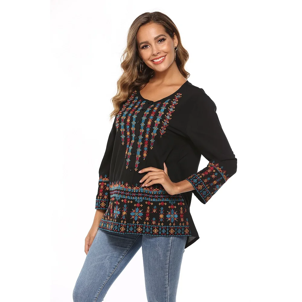 embroidery women casual tunic blouse  long sleeve stocks