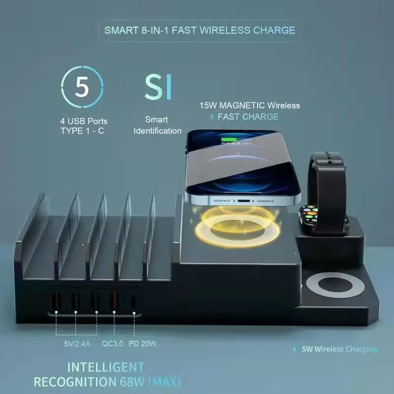 8 IN 1 Wireless Charger for phone watch earphone and USB Charging Station PD20W QC18W 15W