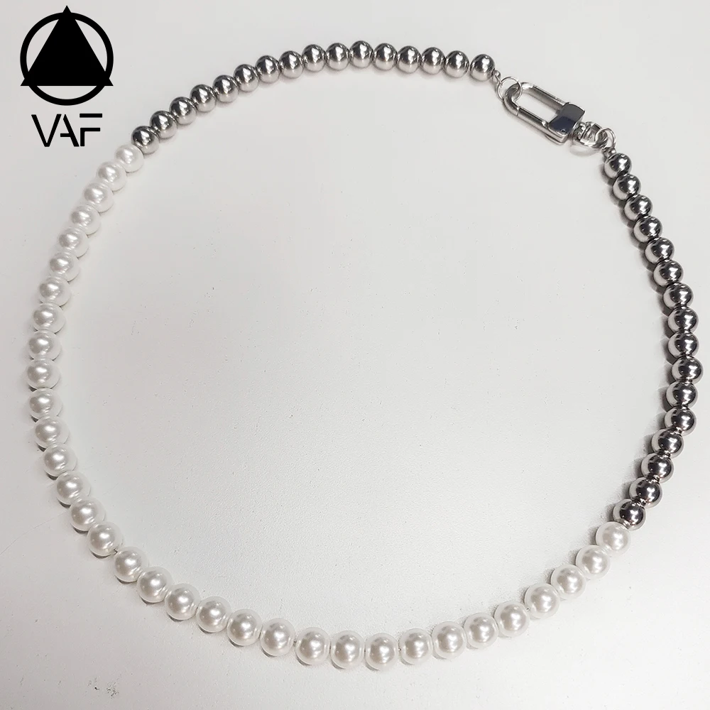 VAF Amazing!! 45/50/55CM Stainless Steel Bead And Synthetic Pearl Necklace With Stainless Steel Carabiner Clasp Ball Chain
