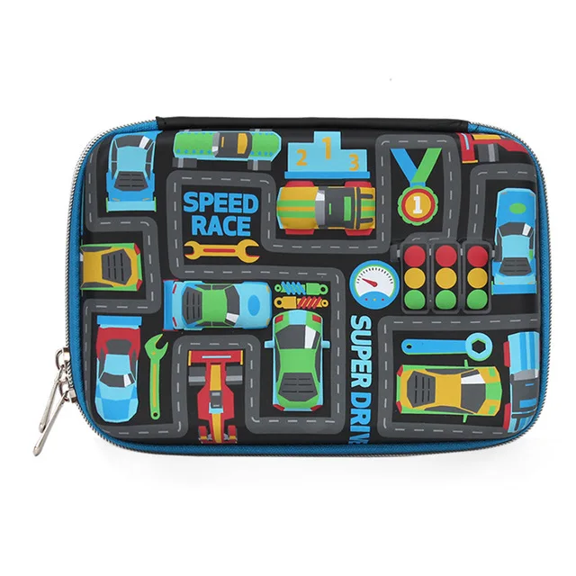 Factory wholesale cute tinplate pencil case, creative 3D cartoon car stationery box for children