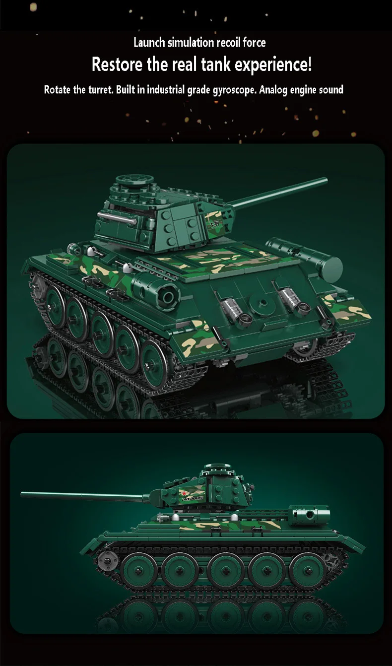 Mould King 20015 T-34 Remote Control Tank building block for kids Technical APP Control Military Battle Tanks Building model