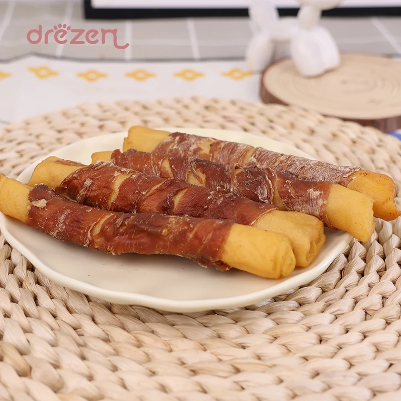 Drezen Brand Customizable Pet Treats Cowhide Stick with Chicken Duck Windings for Teething Flavor Can Be Personalized