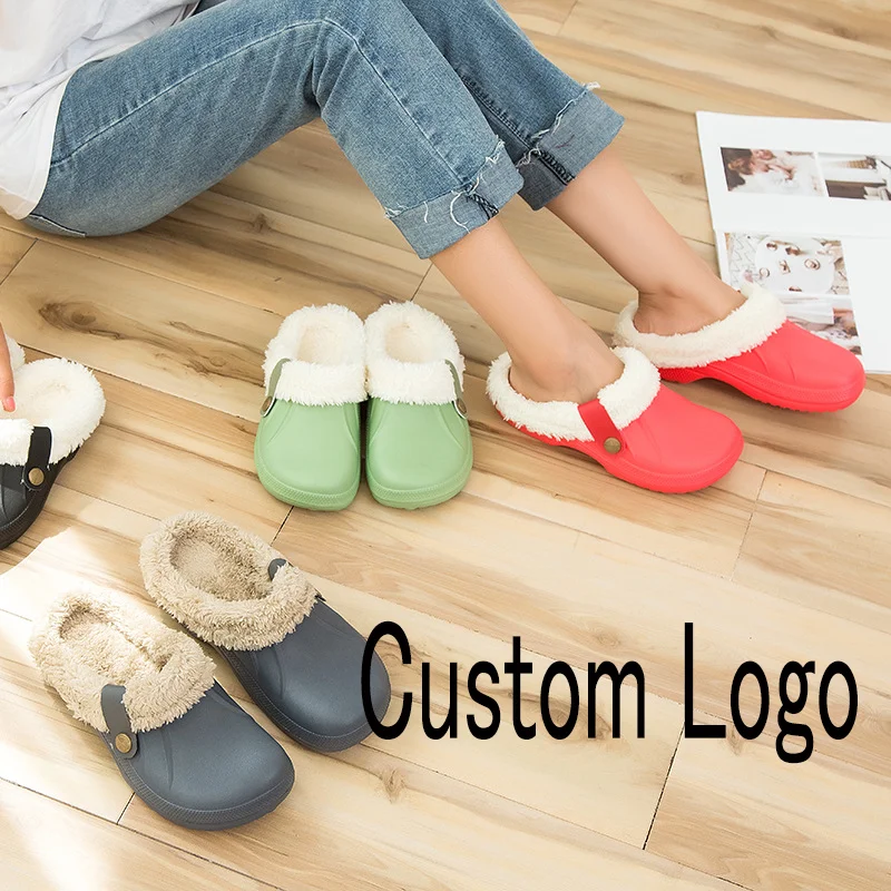 High Quality Waterproof Slippers Women Men Fur Lined Clogs Winter Garden Shoes Warm House Slippers Indoor Outdoor Mules
