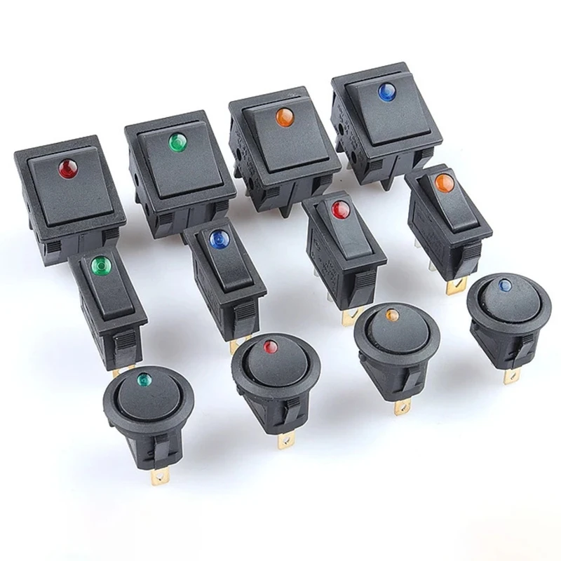 Kcd1 3 Pin Round Car Switch 12V 20A Led Rocker Switch Waterproof Push Button Switch Spst Red,Yellow,Blue,Green Lighting