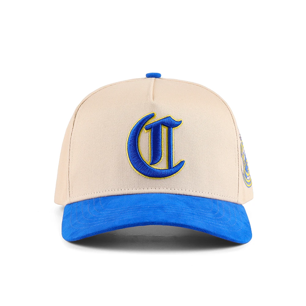 Custom High Quality 5 Panel A Frame Style Cotton Baseball Cap With 3D Raised Embroidery Logo Suede Two Tone Hats
