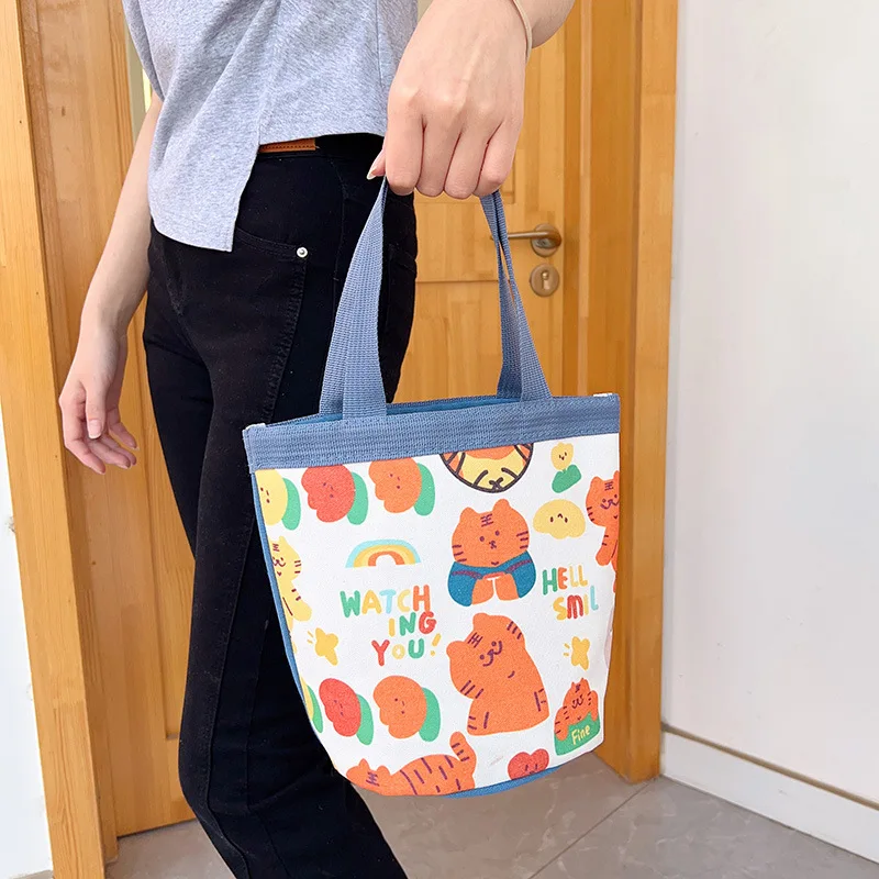 Wholesale small carrying canvas tote bag handbag office worker lunch box bag cartoon cute bucket small bento bag