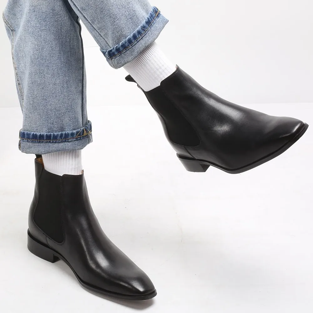 Height Increasing Chelsea Boots Black Leather Tall Men Shoes High Heel Boots For Men 7CM / 2.76 Inches