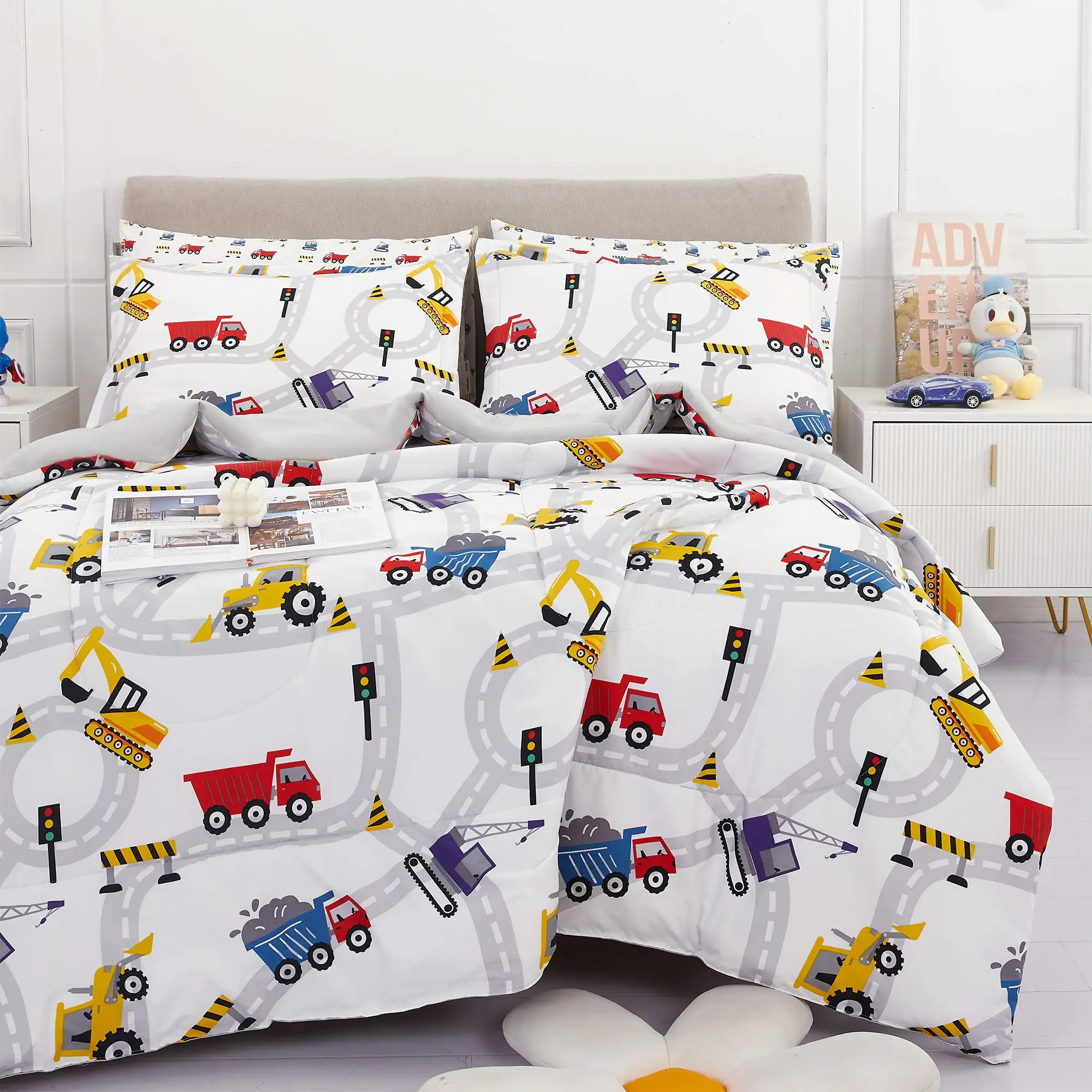 Aoyatex Wholesale Boys Double Quilt Set Kids Brushed Superfine Fiber Single Bed Sheet Excavator Car Print Cover