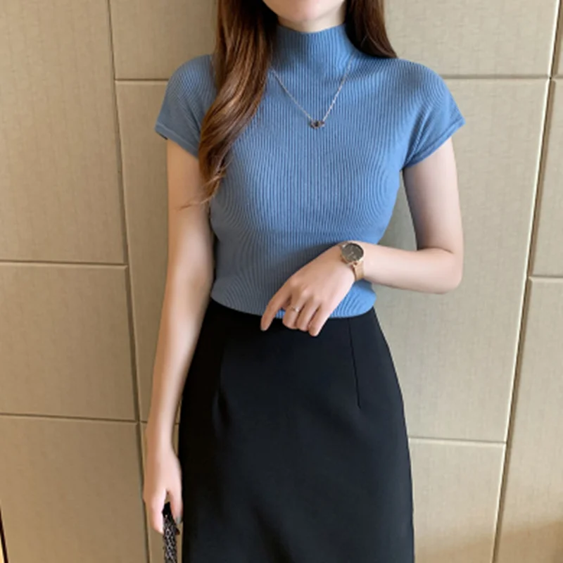 Fashion Woman Blouses 2024 Short Sleeve Summer Women Turtleneck Knitted Blouse Shirt Womens Tops And Blouses C2737