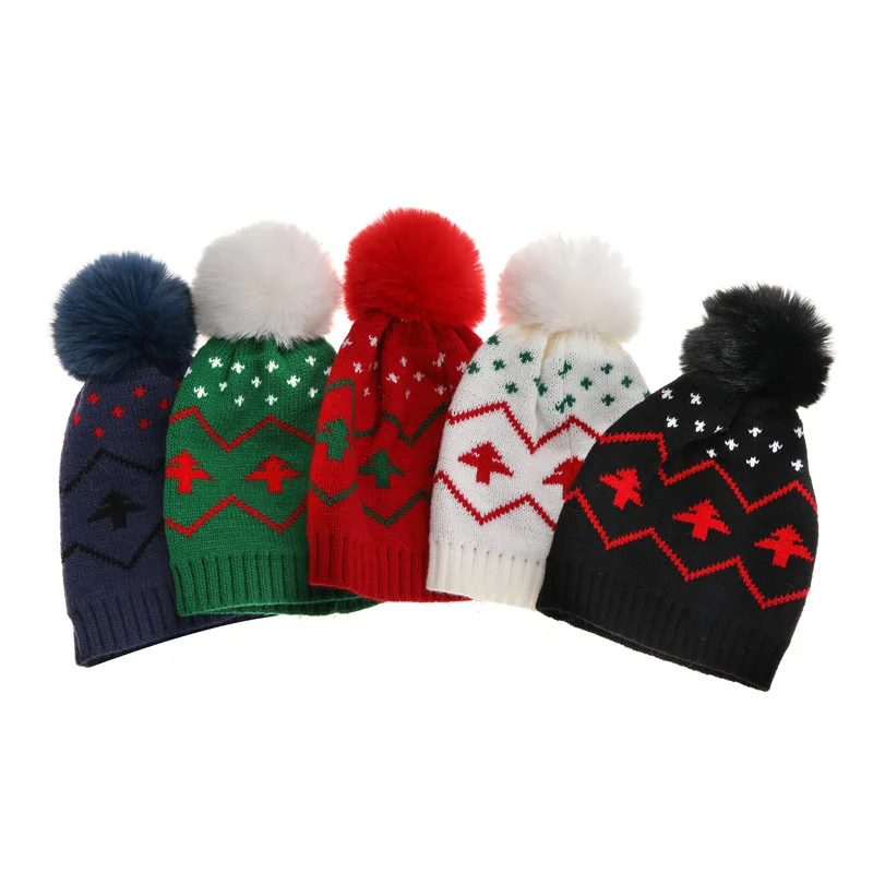 Custom Patterned Knit Acrylic Jacquard Fashion Toddler Beanie Baby Boys Girls Kids Beanies with Fur Pom Pom