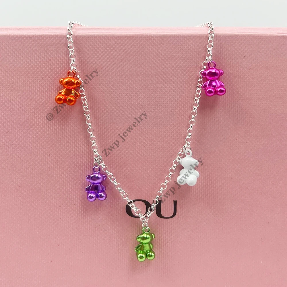 High Quality Touses S925 Sterling Sliver Bold Bear Silver Necklace With 5 Colored Real Sliver Bears For Women Designer Jewelry