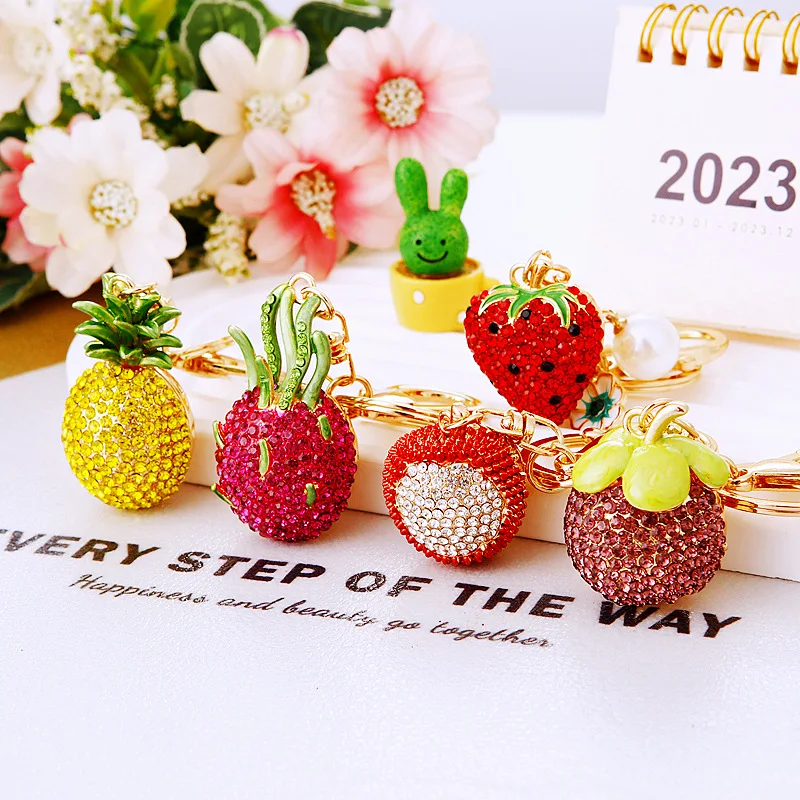 Bling Crystal Rhinestone Keychain 3D Cubic Dragon Fruit litchi Shanzhu Cherry Key chains Diamond Car Keyring Strawberry Keychain