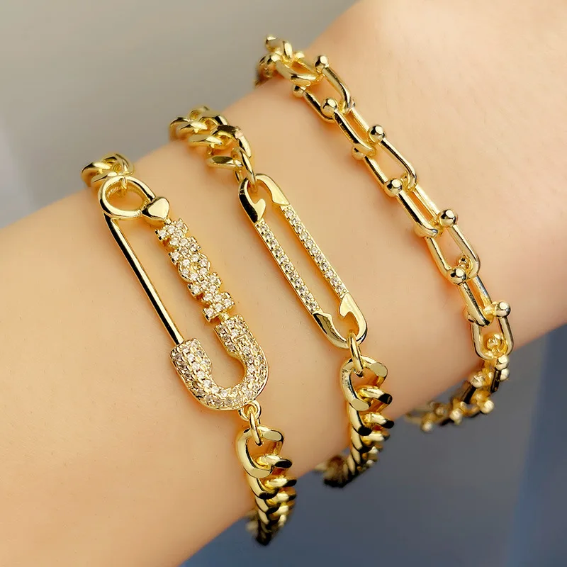 Creative Pin Shaped Jewelry Making Girls Crystal Gold Bracelets Women Designs Clip Chain Bracelet