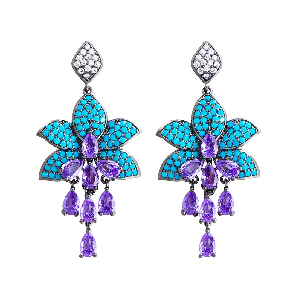 Unusual Design 2024 Party Cubic Zircon and Turquoise Stone Long Drop Purple Earrings for Women Jewelry Accessories