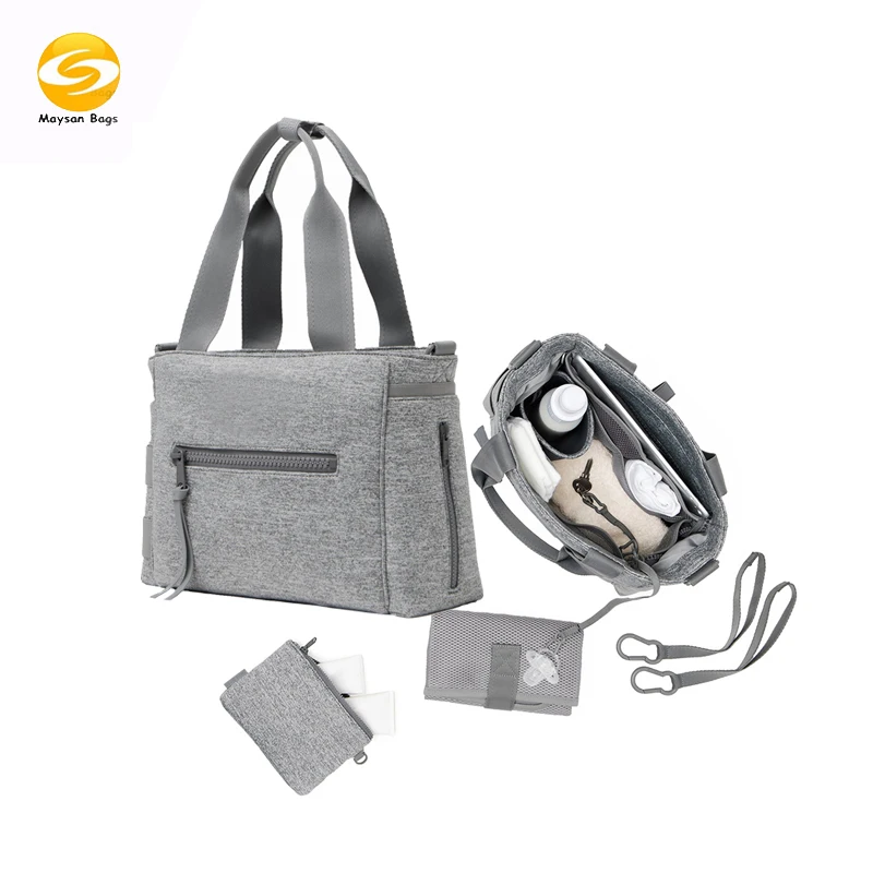 Серая неопреновая сумка-тоут для подгузников, вместительные детские сумки для женщин, водонепроницаемые сумки для подгузников с пеленальным ковриком и салфеткой