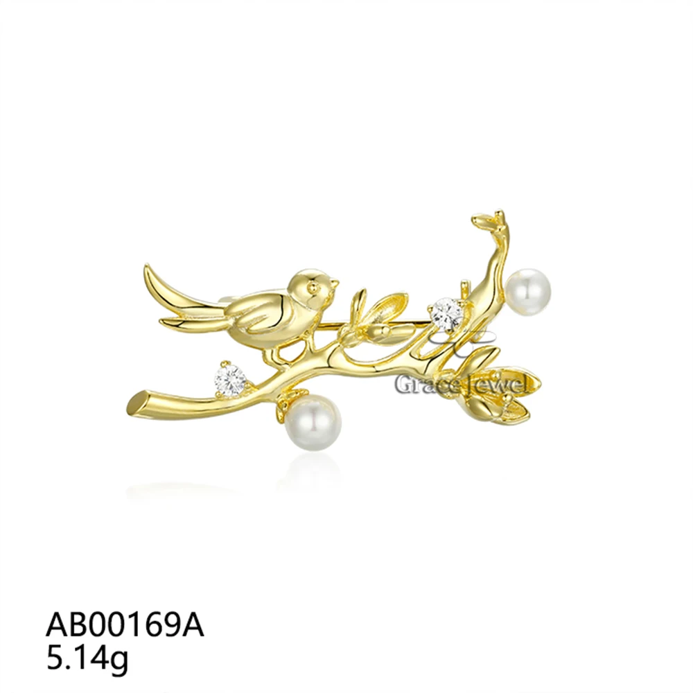 Grace Jewelry White Zircon Cute Bird Animal Shape 925 Sterling Silver High Quality Freshwater Pearl Brooches for Women