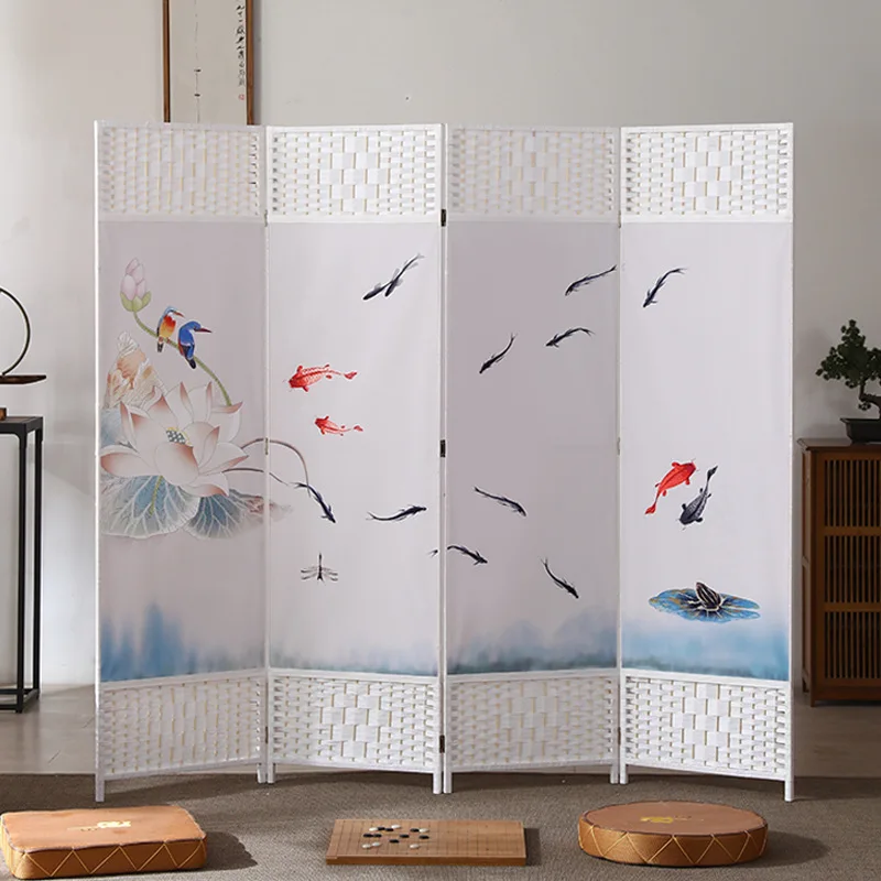 Chinese Folding Mobile Partition Wall Simple Modern fabric Rattan canvas screens & room dividers