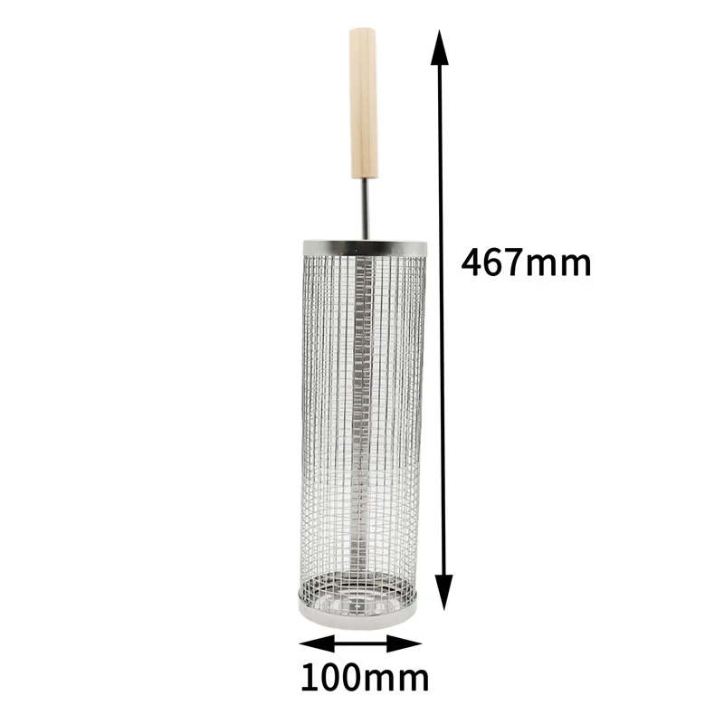 2 piece Barbecue Cylinder Round Mesh Stainless Steel BBQ net Tube Grill Rolling Grilling Basket with wood handle