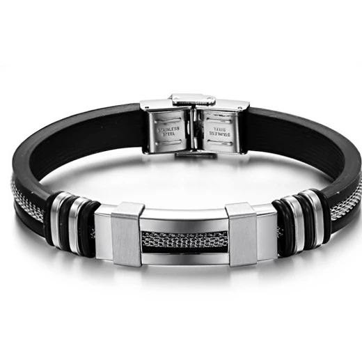 Mens Anniversary Party Gift Bracelet High Quality Silicone Bangle 316L Stainless Steel Chain Rubber Wristband Bracelet