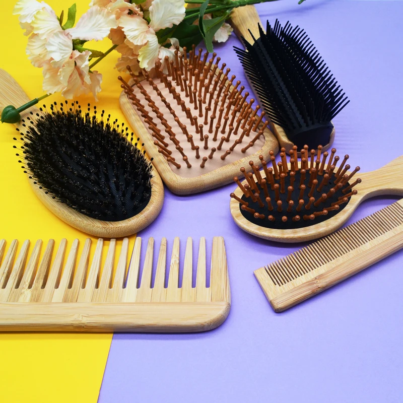 Custom logo brush and wide tooth comb set boar bristles paddle bamboo hair brush for Men and Women curly thick hair