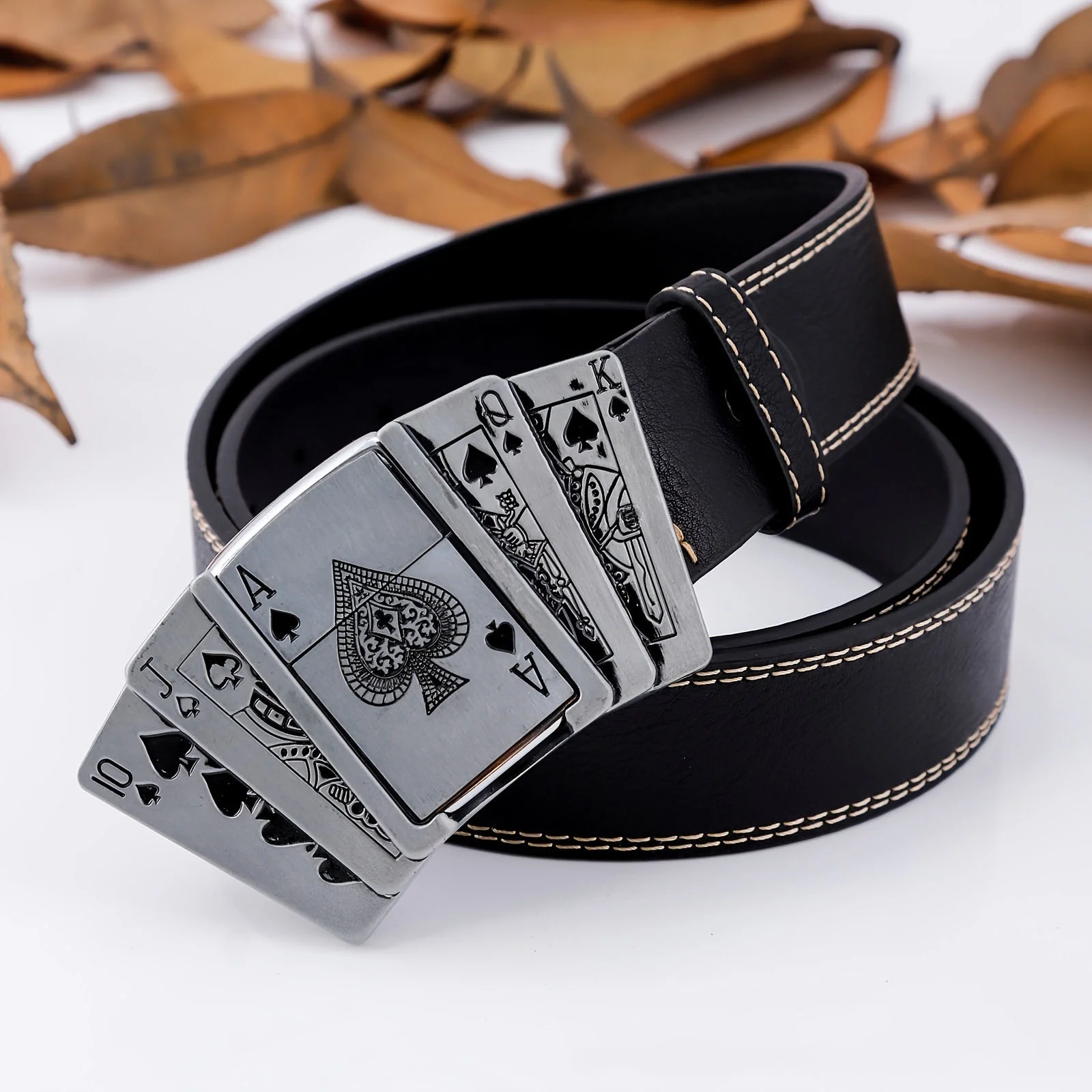 Custom Logo Wholesale Fashion Skull Poker Lighter Buckle Punk PU Leather Belt for Men