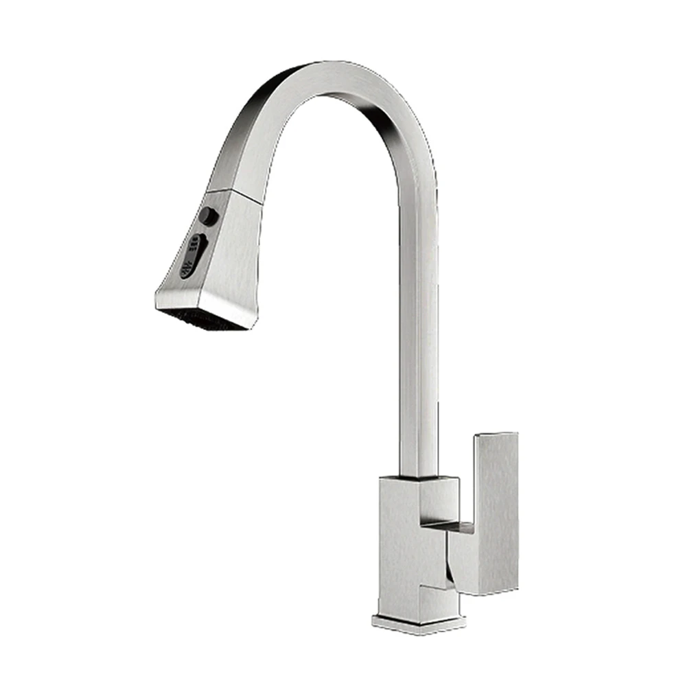 Brushed Nickel Finish Deck Mounted Brass Tap Single Handle Hot Cold Water Supply Pull Down Kitchen Faucet Pull Out