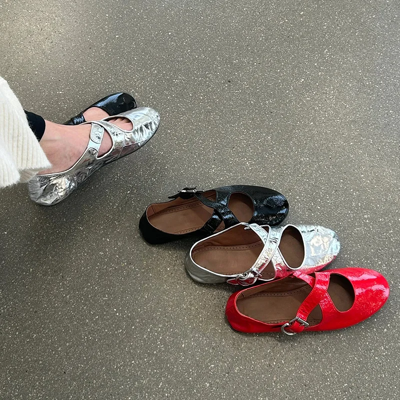 2024 Custom Ladiesmary jane flats red fashion shoes Round Toe genuine leather Women Ballet Flat Shoes girls