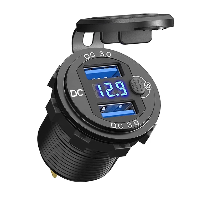 12/24V Aluminium Metal 36W QC3.0 Dual USB Car Motor Charger Socket Waterproof With Voltmeter Switch Fast Quick Charge Adapter