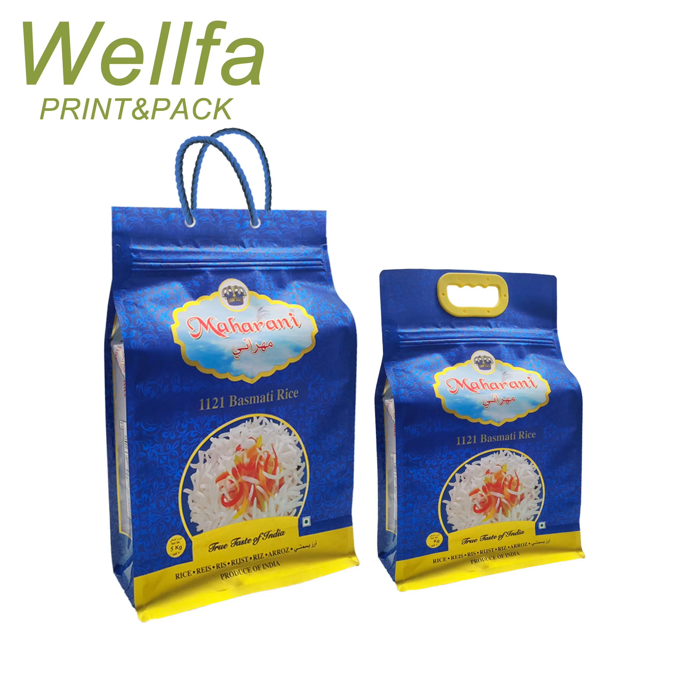Custom Printed Resealable Vacuum 1Kg 2Kg 5Kg Stand Up Flat Bottom Pouch Packaging With Window Plastic Handle Hole Rice Bag