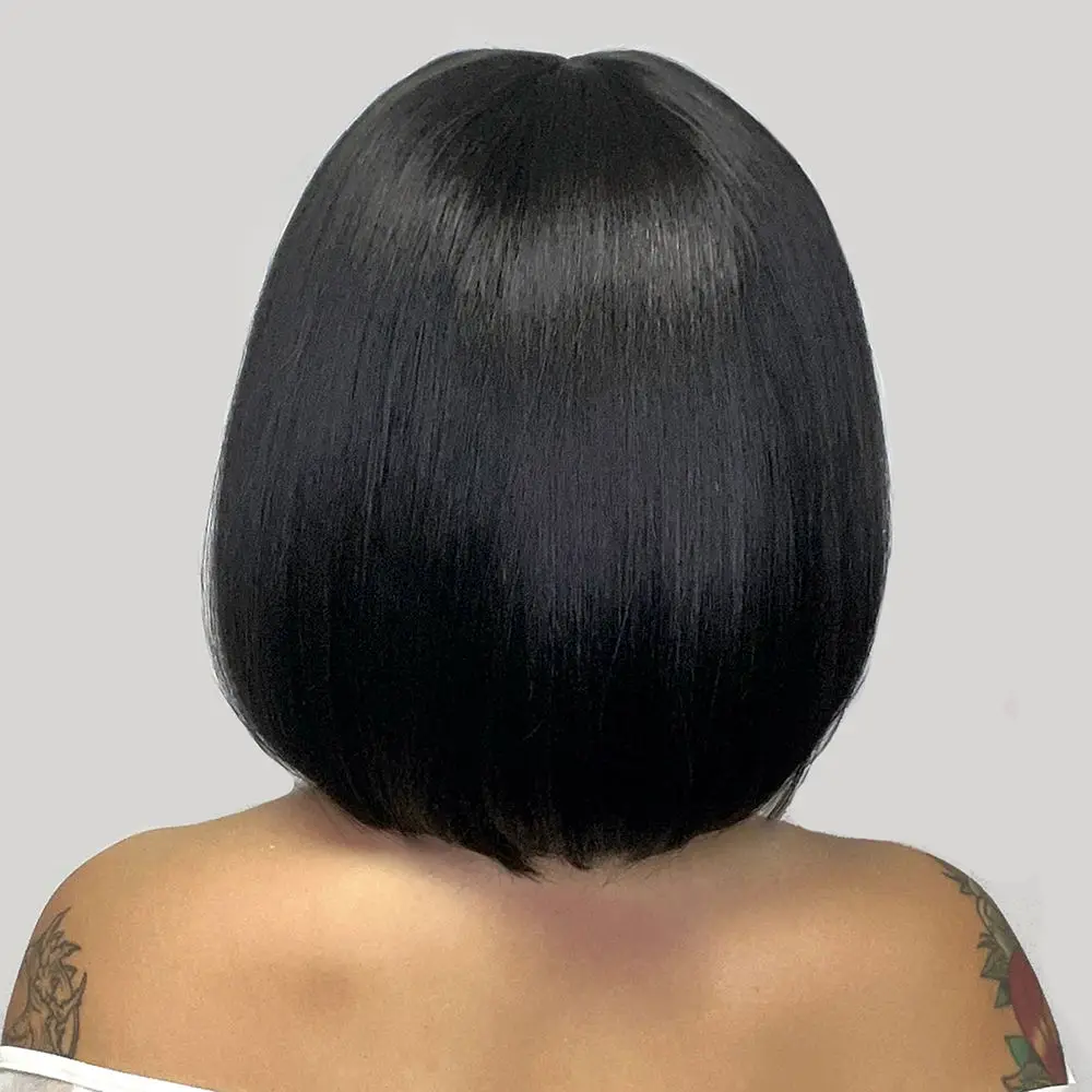 12' short bob black machine made elegant fashion synthetic hair wigs with bangs for women