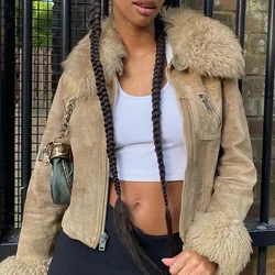 Spring high street long sleeve trend fashion fur collar suede zipper slim short coat women