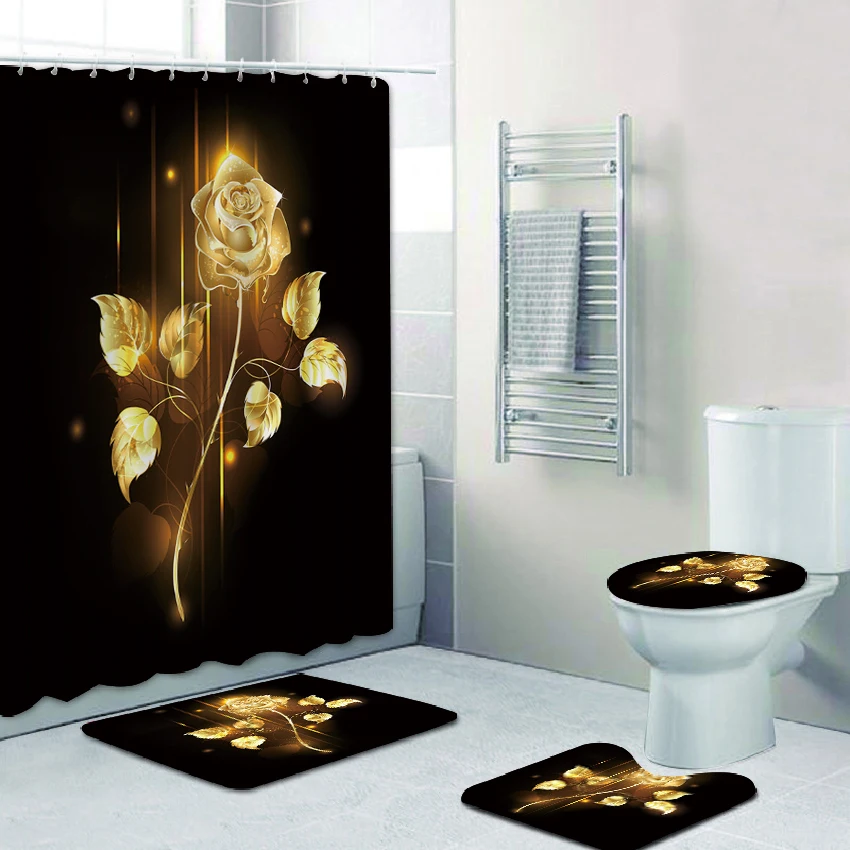 4 Piece Shower Curtain Sets Gold rose with Non-Slip Rug Toilet Lid Cover and Bath Mat Flower Bathroom Decor Accessories