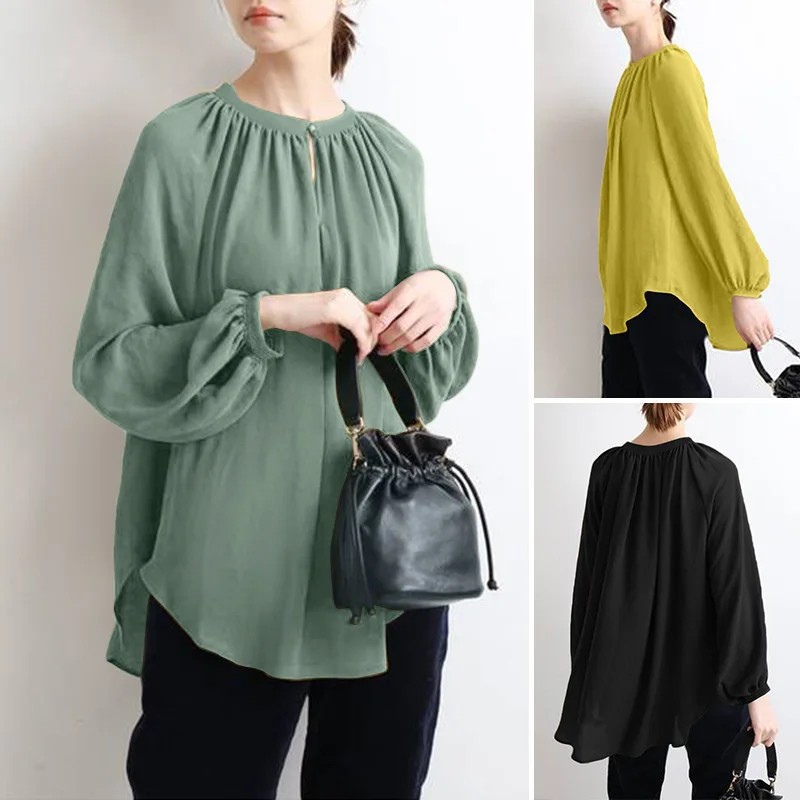 Religious Ethnic Crew Neck Shirts Maxi Modest Blouses Women Simple Green Long Sleeve Tunic Tops Ladies Muslim Shirts