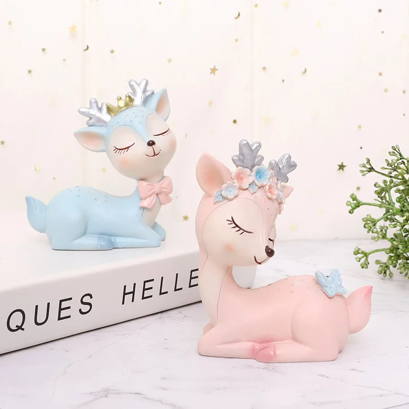 Fawn Animal Model Cute Resin Figurines Cartoon Deer Toy Kawaii Wedding Decorative Accessories Party Desktop Household Decoration
