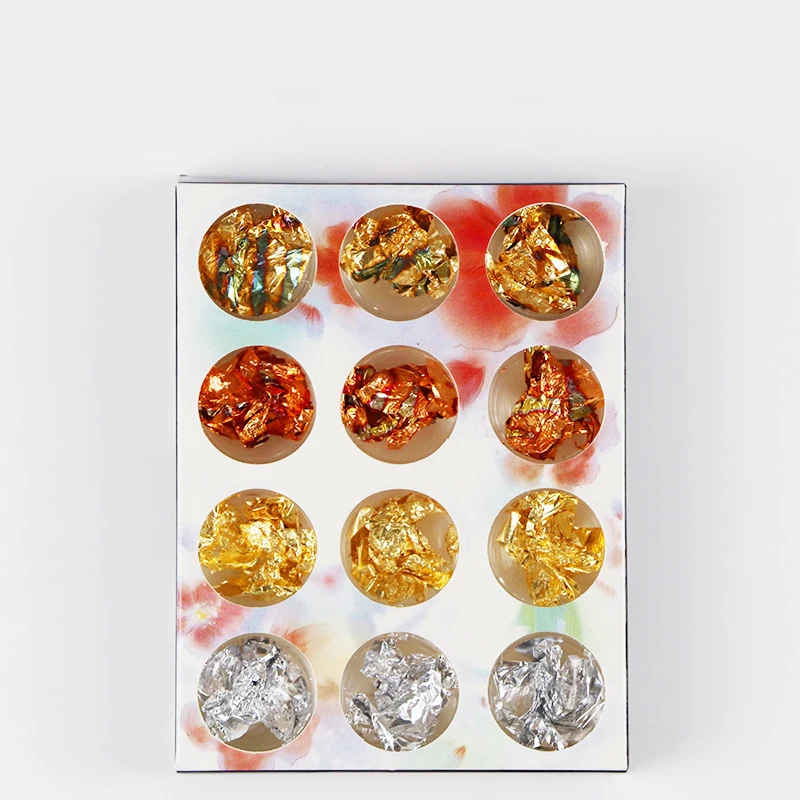 NAS009 12 grids nail art gold foil paper sticker  for manicure design silver glitter goldleaf in box packaging