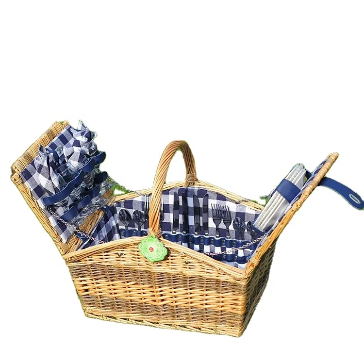 Wholesale cheap Portable handmade firm wicker picnic baskets with fabric with cooler bag