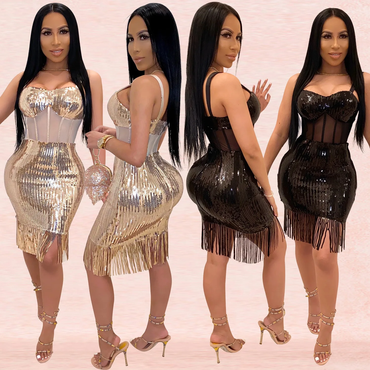 Прямая поставка, сексуальное женское Клубное платье, серебристое платье премиум-класса с блестками, облегающее платье миди с бретельками и кисточками на подоле