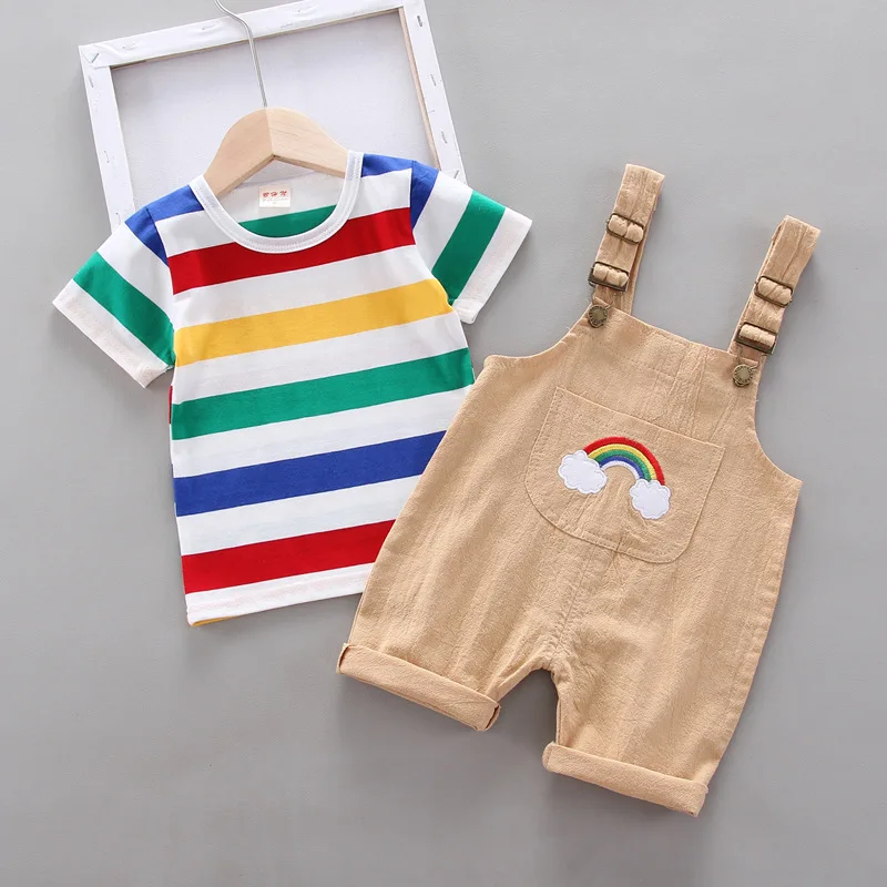 Summer Fashion Baby Boys Girls Clothes Suit New Children Girl Stripe Top With Suspender Shorts 2pcs Sports Kids Tracksuits