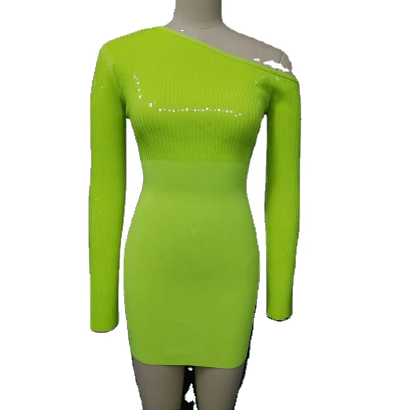 Индивидуальное женское платье Y2K с блестками, облегающее мини-платье на одно плечо с длинными рукавами и открытыми плечами