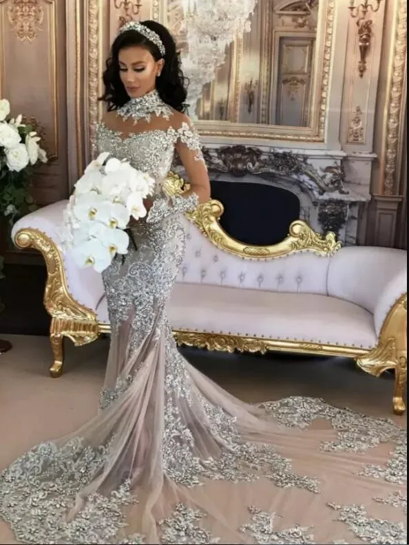 Wedding Apparel & Accessories Luxury Sheer Long Sleeve Mermaid Wedding Dresses 2022 Major Beading with Appliques High Neck Cour