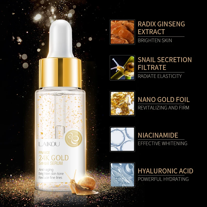New facial care LAIKOU 17ml serum anti-aging whitening 24k gold snail face serum