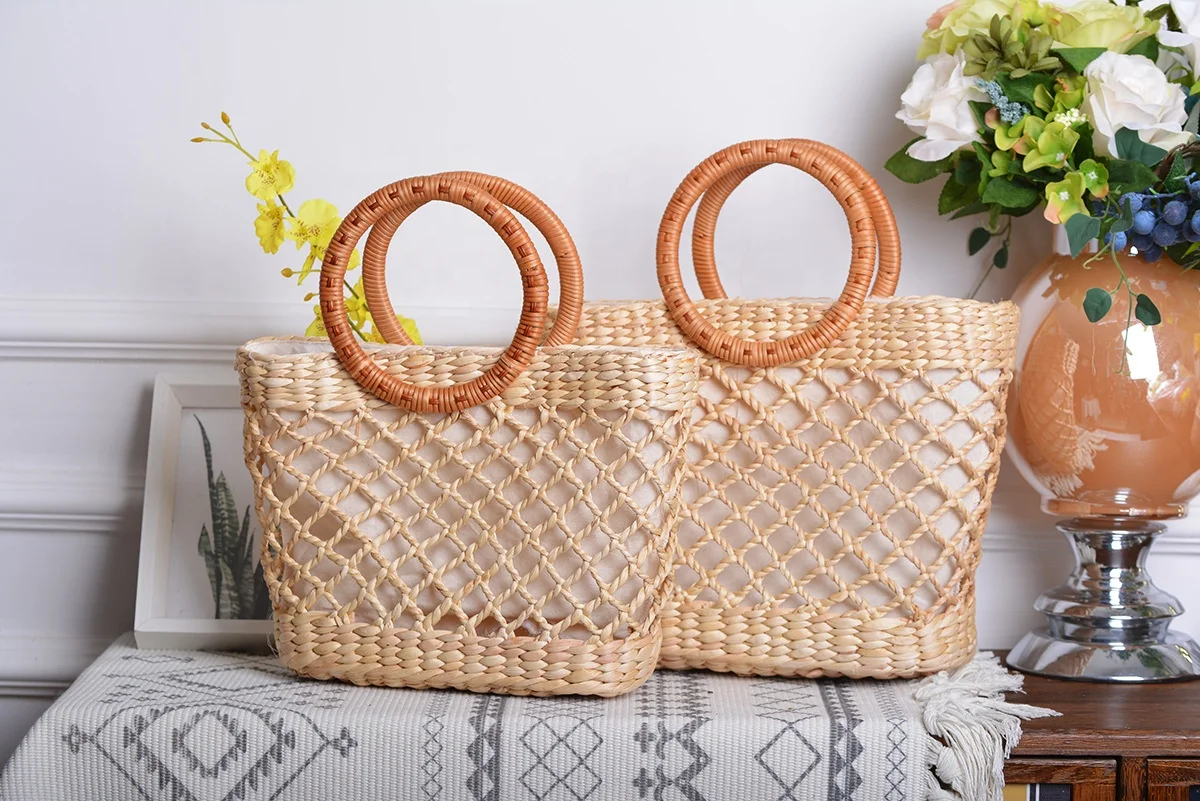 Female Tote Rattan Wicker Bags Handmade Bohemian Reticular Water Hyacinth Handle Bag