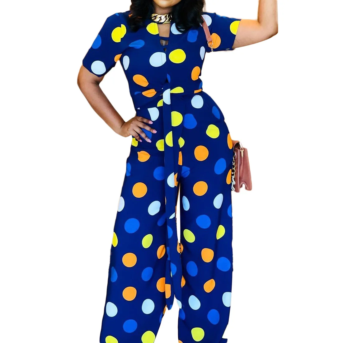 Summer Custom Loose Dot Print Wide Leg Pants One Piece Short Sleeve Oversized Rompers Jumpsuit For Women