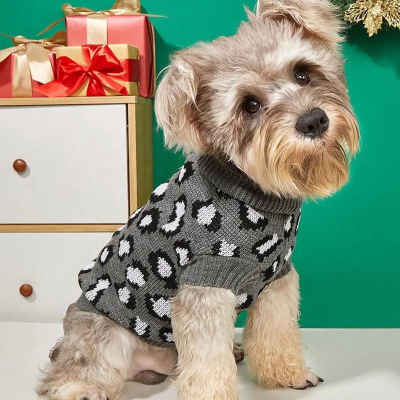 Hot Sell Leopard Pattern Pink Grey Khaki Wool Yarn Dog Jumpers Pet Knitted Sweater for Small Dogs