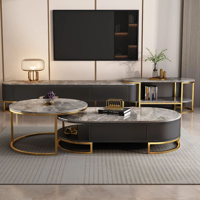 HANYEE Luxury Marble Top Coffee table Tv Stand Stainless steel Base With Storage console table Sets Grey tv Cabinet